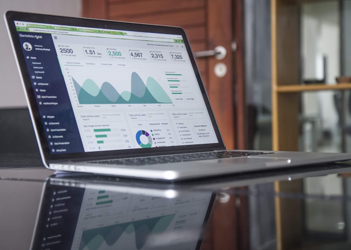 Laptop showing financial figures and charts